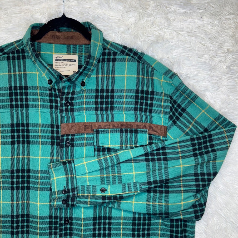 Flag Nor Fail Forever Collection Green Plaid Flannel Shirt Men's 2XL Faux Suede